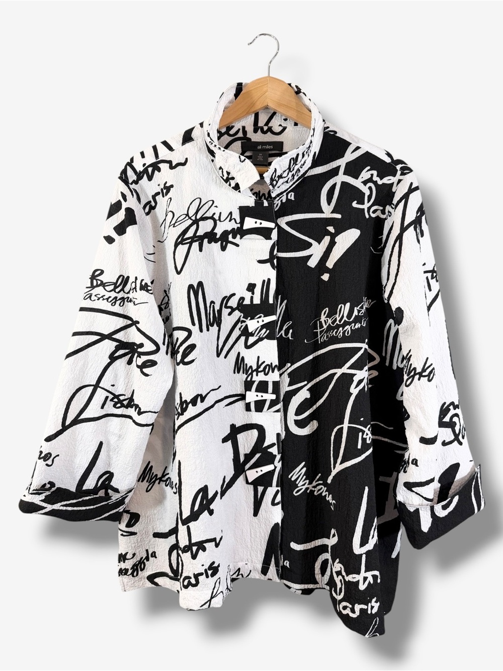 Ali Miles Black White Graphic Wire Collar Shirt Jacket 2X Art to Wear Lagenlook